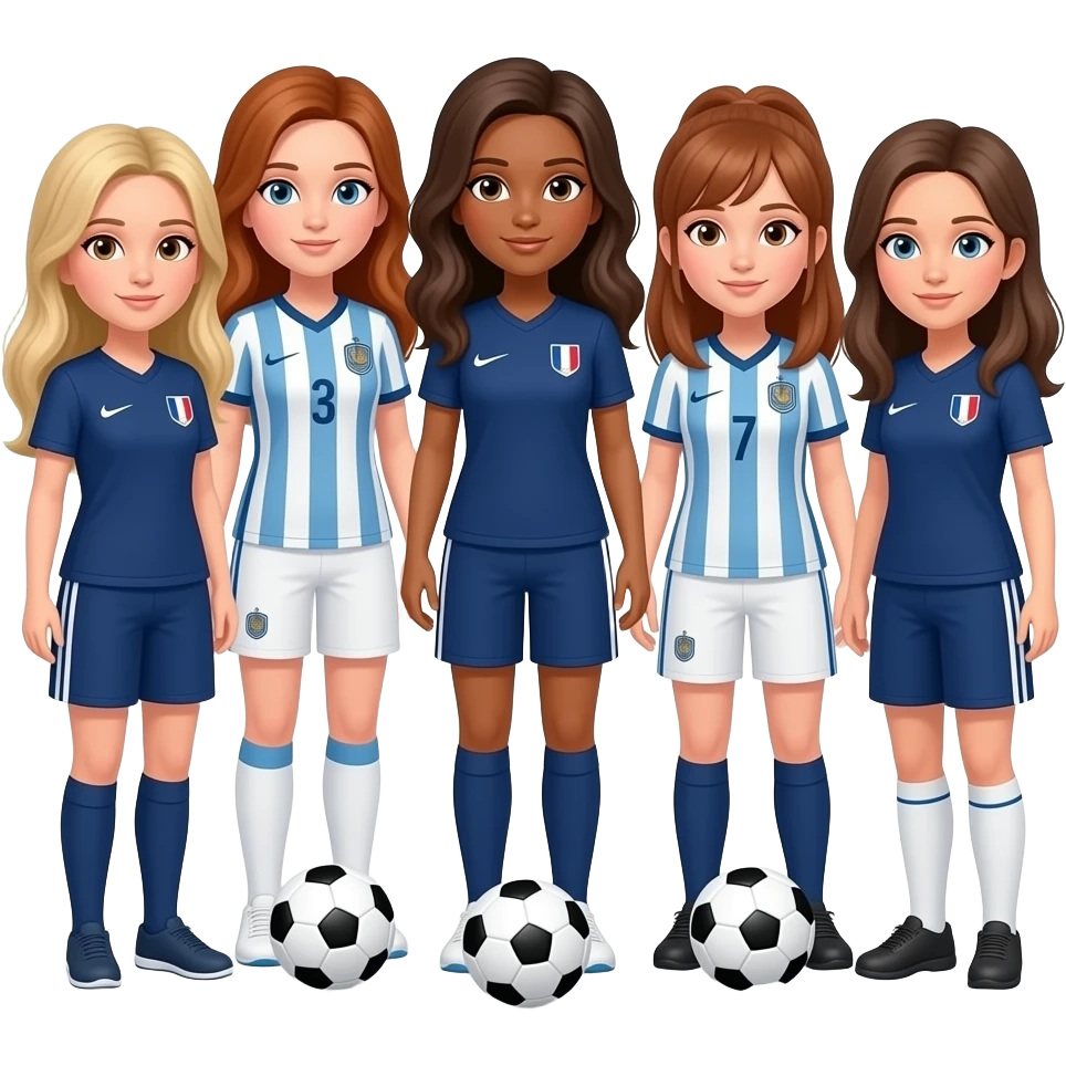 A team of 7 women playing soccer in France : one long blond hair white skin, one auburn long hair white skin, one with caramel-colored skin and chestnut hair, two with chestnut long hair white skin, two with brown middle hair white skin emoji