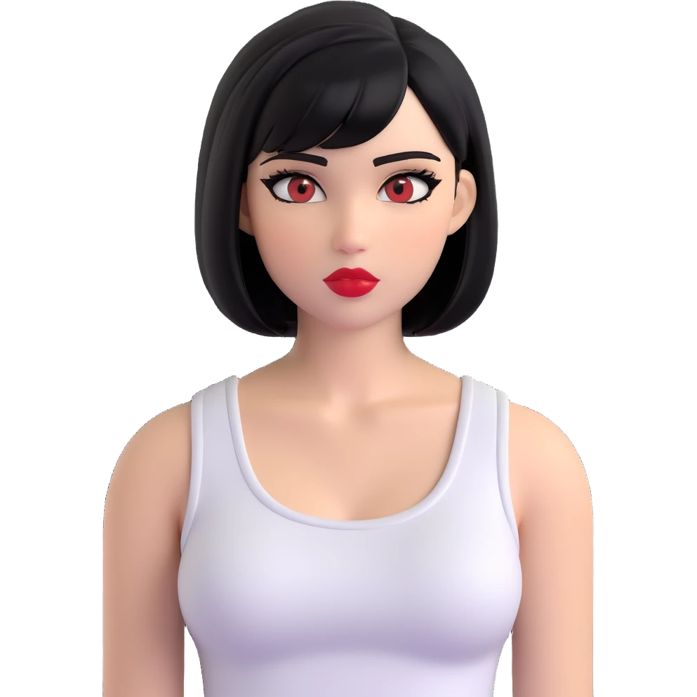 A pretty girl with black straight bob hair. She has hazel eyes with black eyeliner. She has plump red lips. She is wearing a white tank top emoji