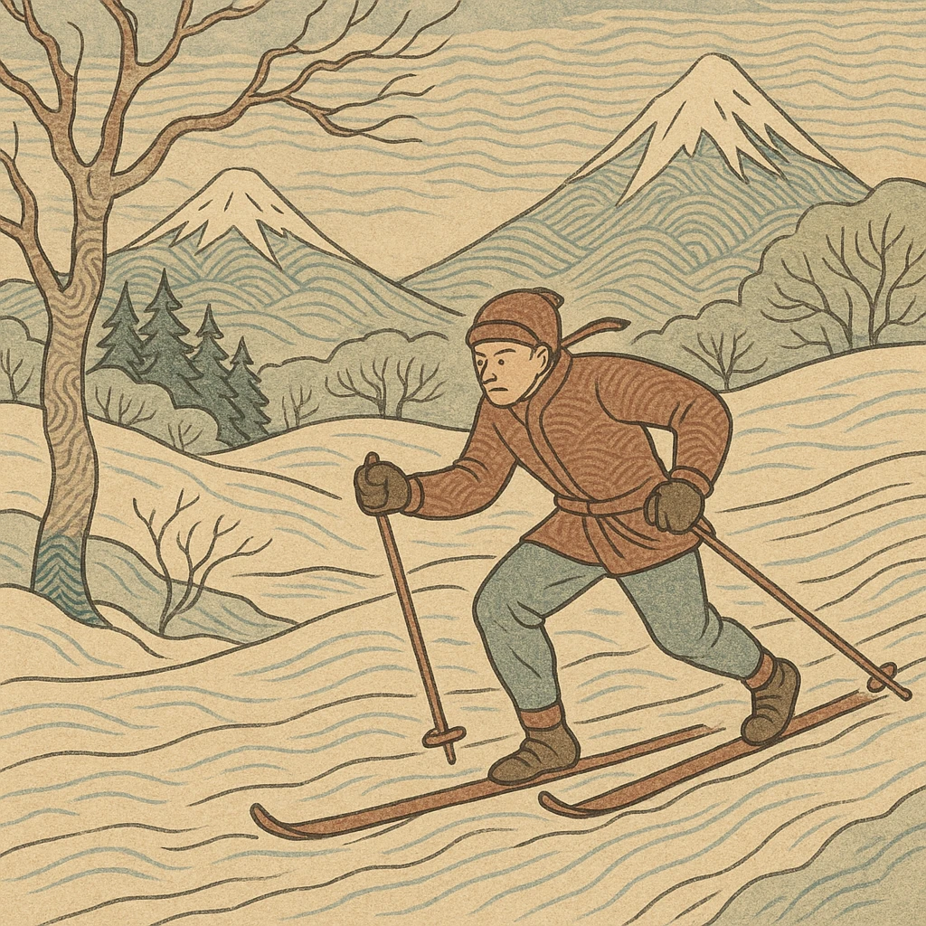 cross-country skier in ukiyo-e style, traditional Japanese woodblock print look, flowing lines, winter landscape emoji