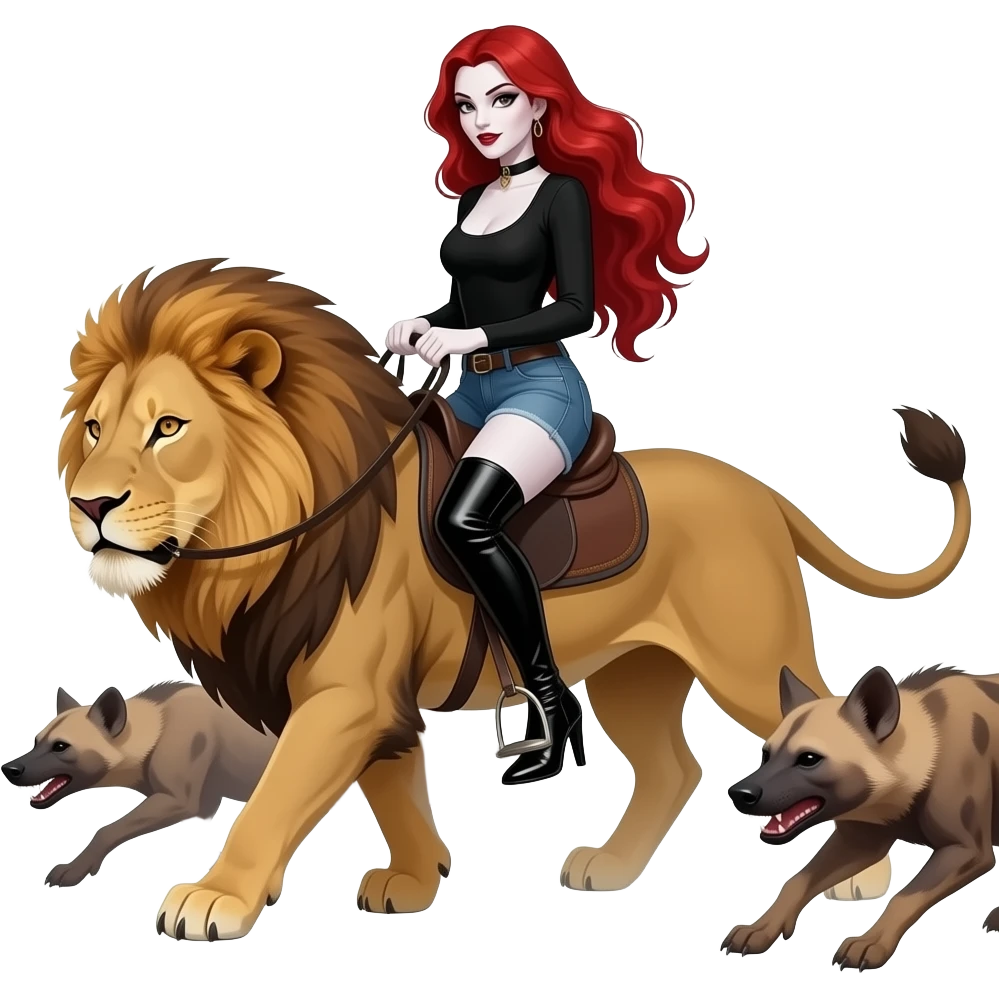 Vampiro femmina  con pelle bianca e capelli rosso ondulati lunghi raccolti in una mezza coda che indossa dei jeans corti un top nero con maniche lunghe e degli stivali lunghi con tacco che cavalca un leone inseguita da iene emoji