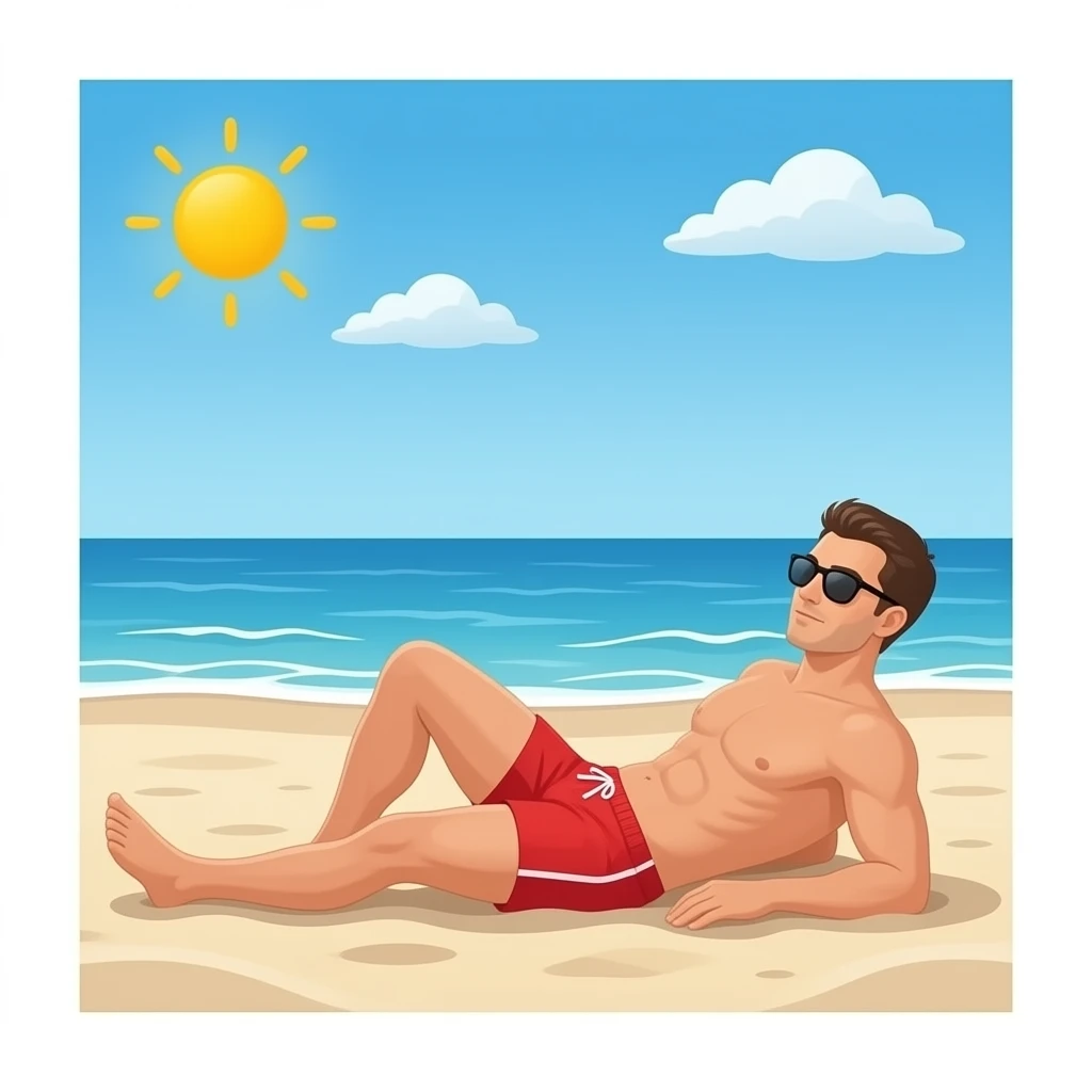Erstelle ein Bild von einem Strand, mit im Bild ist ein Mann zusehen der sich im liegen sonnt, er trägt rote enge speedo und Oberkörper frei und trägt eine Sonnenbrille emoji