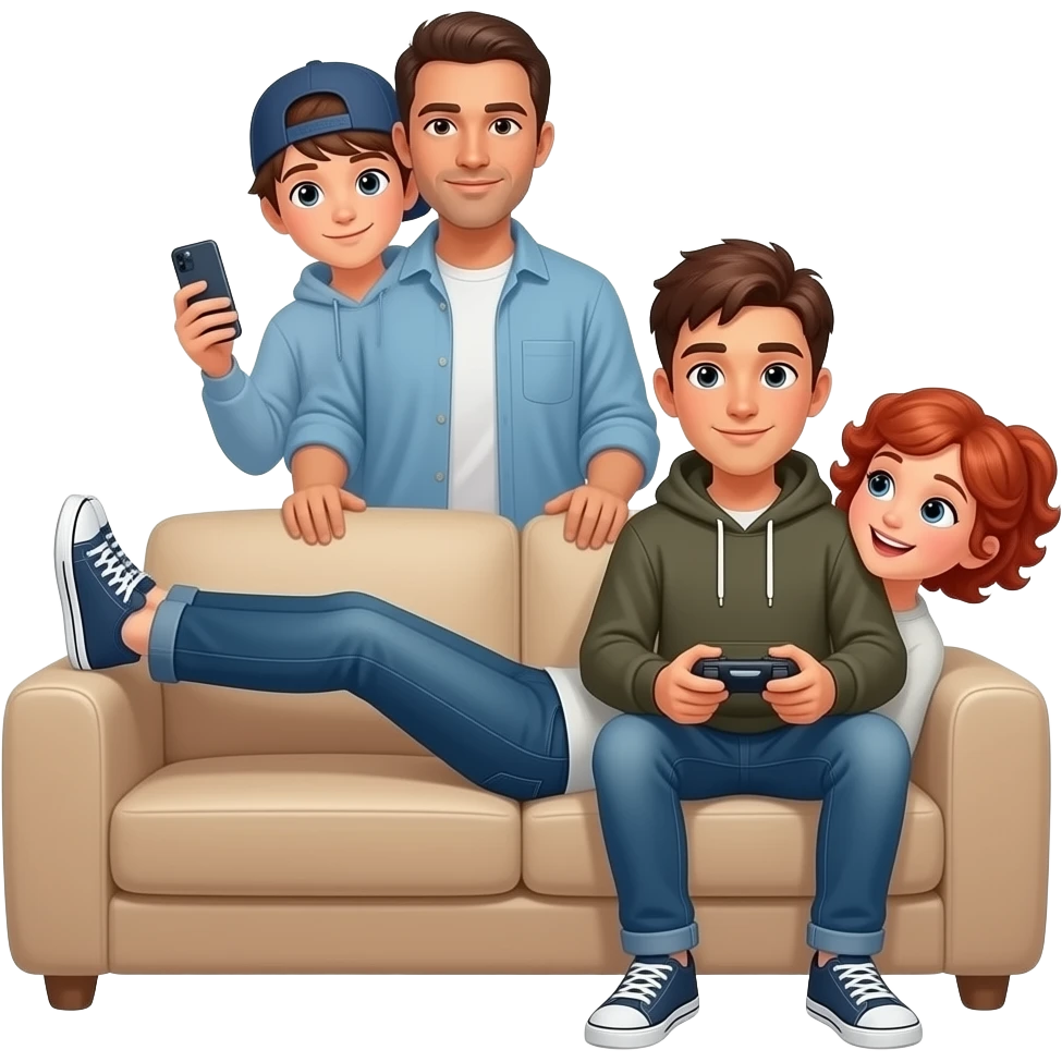 A brown-haired teenager with a cell phone sits sideways on the couch with his feet up, wearing a cap, sweatshirt, and jeans no smiling. Another teenager sits on the couch playing video games, wearing a hoodie. A brown-haired, tan-skinned father and a red-haired, curly-haired mother watch emoji