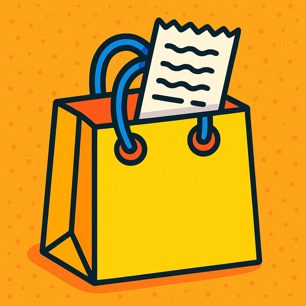 a shopping bag with a receipt sticking out, vibrant toon style emoji