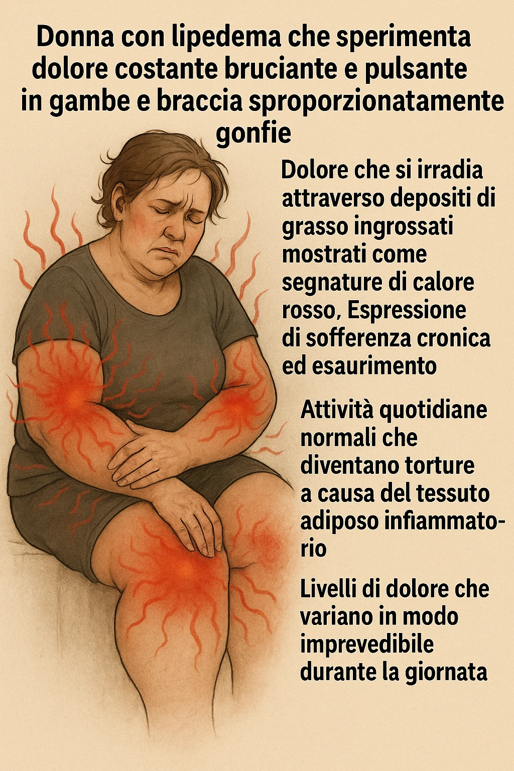 "Woman with lipedema experiencing constant burning and aching pain in disproportionately swollen legs and arms, pain radiating through enlarged fat deposits shown as red heat signatures, expression of chronic suffering and exhaustion, normal daily activities becoming torture due to inflammatory adipose tissue, pain levels fluctuating unpredictably throughout the day" scritte in italiano emoji