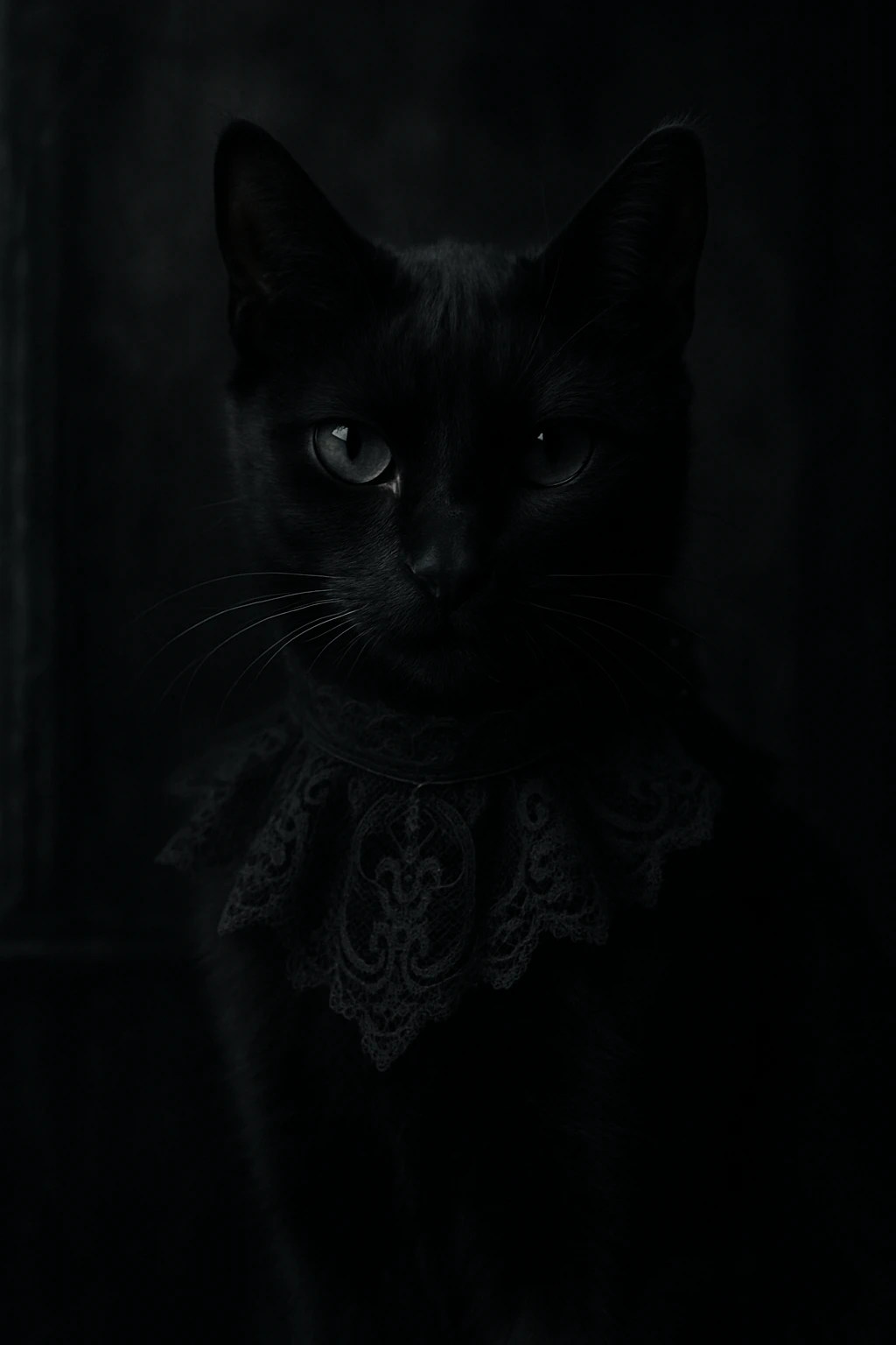 gothic cat with black fur, elegant, subtle lace collar, moody atmosphere emoji