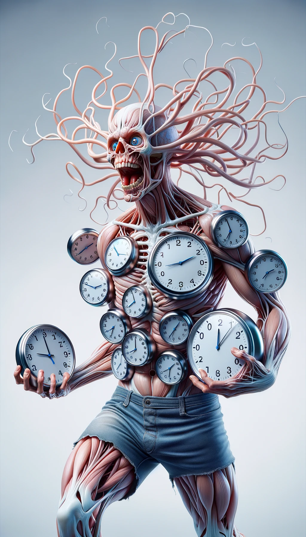 corpo umano anatomico CHE TIENE OROLOGI NELLE MANI E STA IMPAZZENDO PERCHé NON RIESCE A SVOLGERE TUTTE LE SUE ATTIVITà QUOTIDIANE: NON HA TEMPO, SFONDO CHIARO, iperrealistico 4k emoji