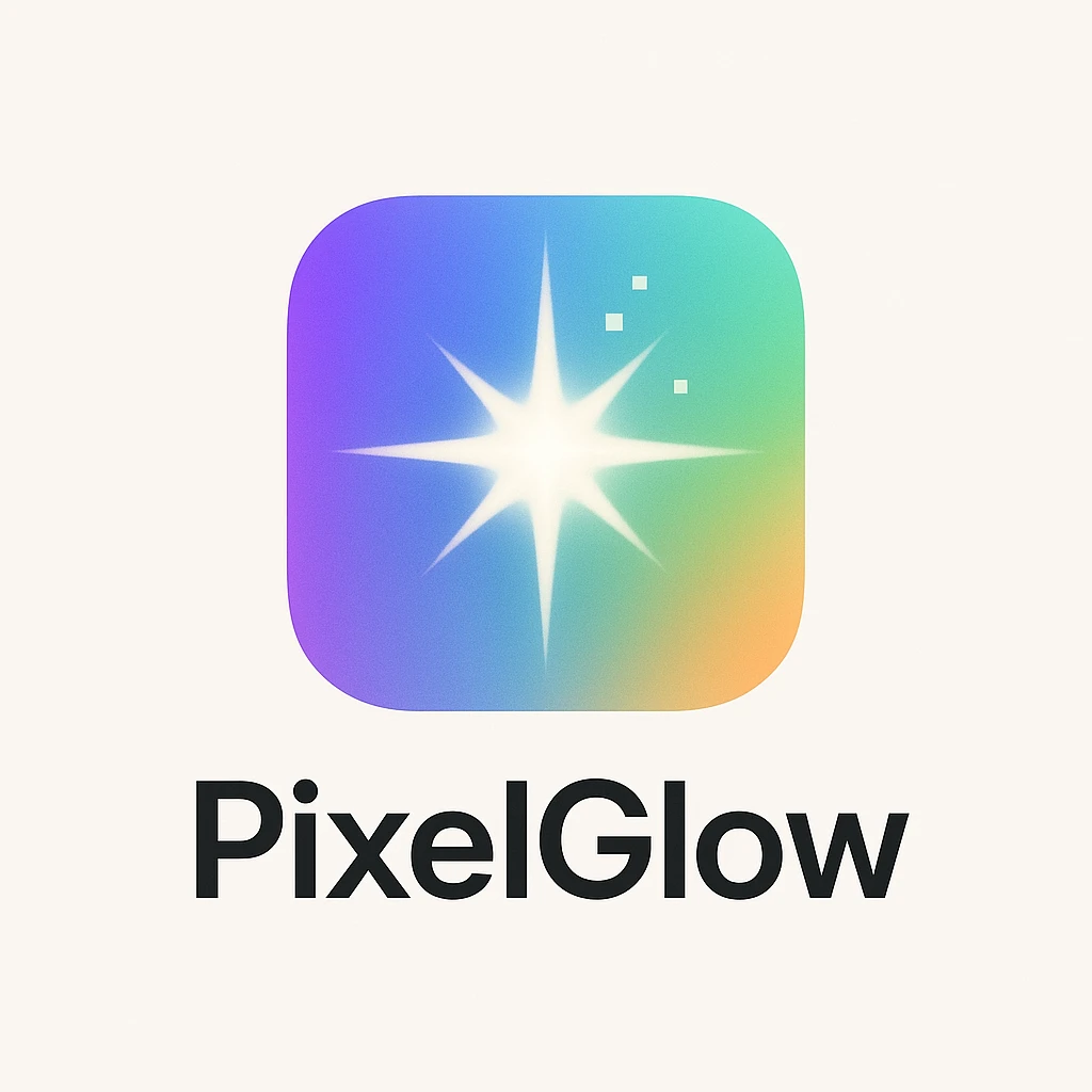 Sleek, magical logo for PixelGlow: rounded square, smooth multi-color gradient in purple, blue, cyan, green, and orange, central bold 8-point starburst or crystal flare, soft glow, subtle shadow, and tiny pixel details. Clean, futuristic, minimal, and creative. White or off-white background. emoji