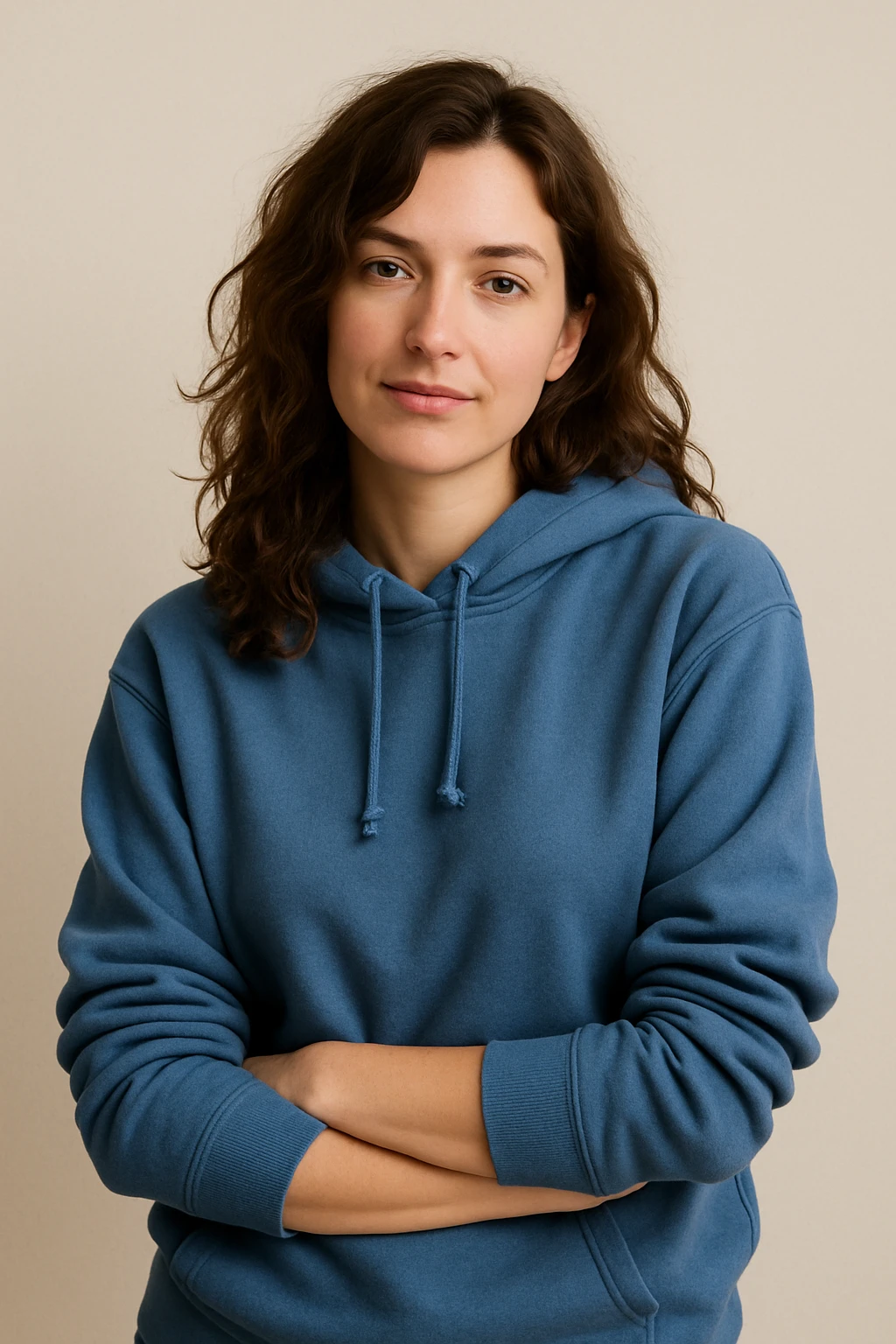 white woman, brown wavy hair, blue hoodie, casual pose, minimal background emoji
