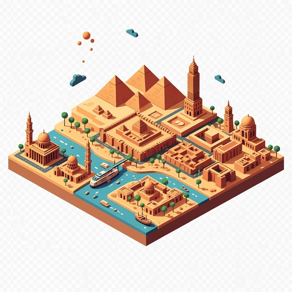 Isometric minimalistic illustration of Cairo, subtle 3D miniature effect and Tilt Shift effect, no cartoonish look, transparent background. emoji