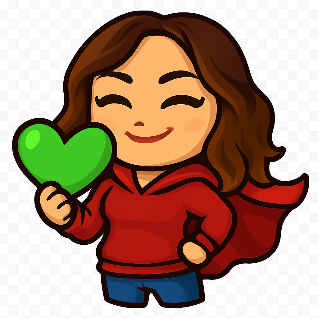 Sticker style chibi emote, matching the attached green heart emote as a base, but with a slightly skinnier body and a bigger chest. Woman from reference, red hoodie and blue jeans, superhero cape pose, cute heroic face, no headband, no wand, transparent background. Top color should not match jeans. emoji
