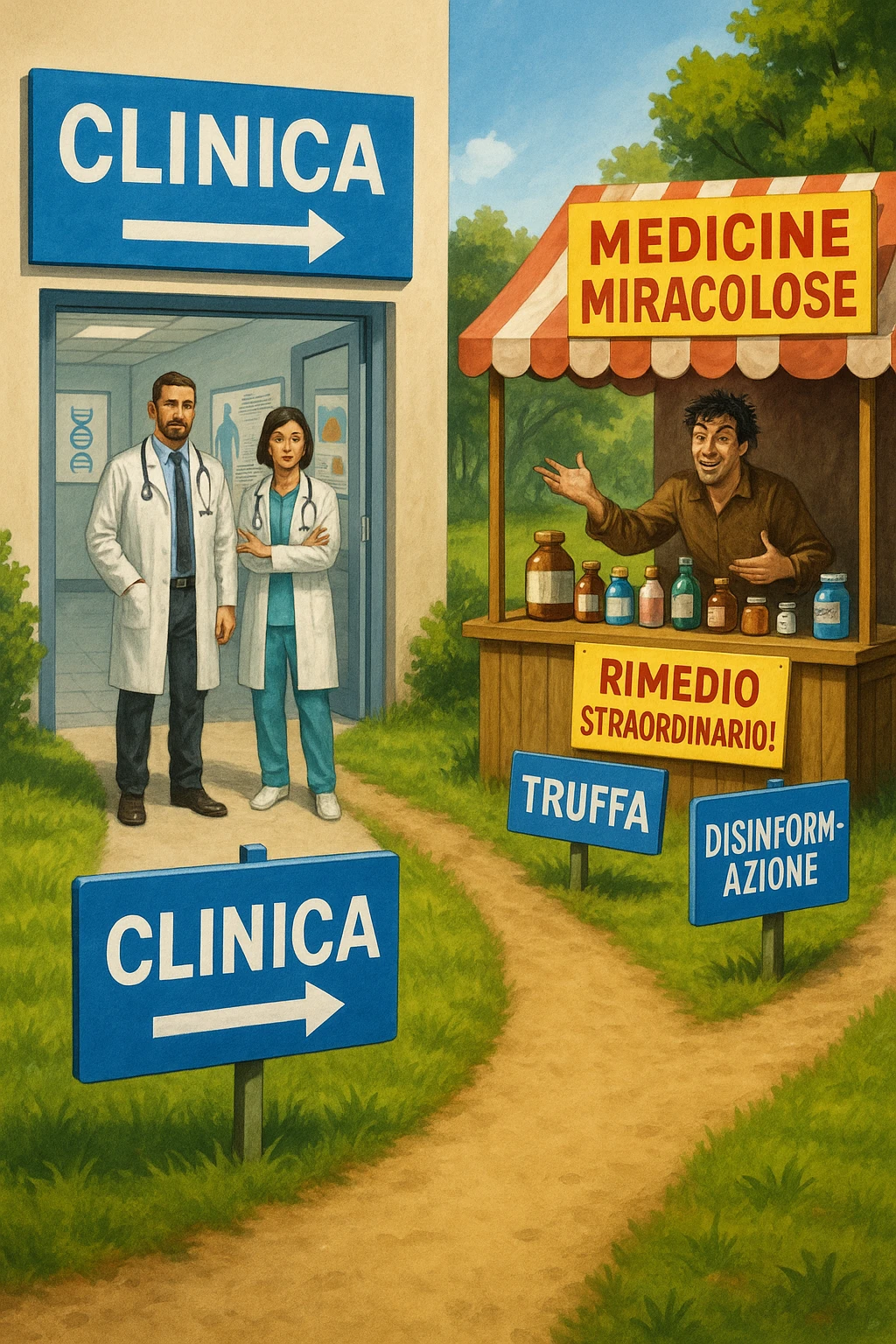 two paths diverge—one leads to a trustworthy clinic with doctors and scientific posters, the other to a shady stand selling “miracle” medicines with exaggerated claims. Signs along the second path warn of scams and misinformation. The scene encourages viewers to choose reliable, science-based healthcare. in italiano emoji