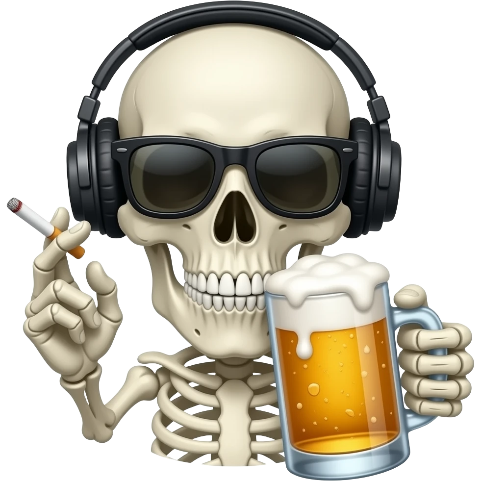 Skull with headphones and sunglasses smoking a cigarette and drinking a beer emoji