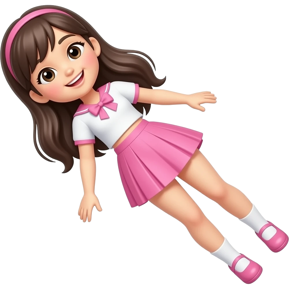 Pretty teenage girl emoji, full body, long hair laid on the back, girly outfit in pink and white, slim with natural proportions like a real girl, simple cute cartoon/emoji style, friendly smile, bright colors, minimal details, not weird looking emoji