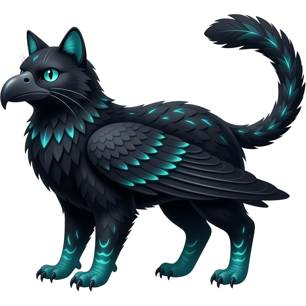 Black Dark Exotic Beaked Feathery Nocturnal Neon-glowing Abyssal Nightly Abyss-Cat-Gryphon-Salandit-Nargacuga-Silvally-Vernid-Sergal-Fakémon-Hybrid-Creature (full body) emoji