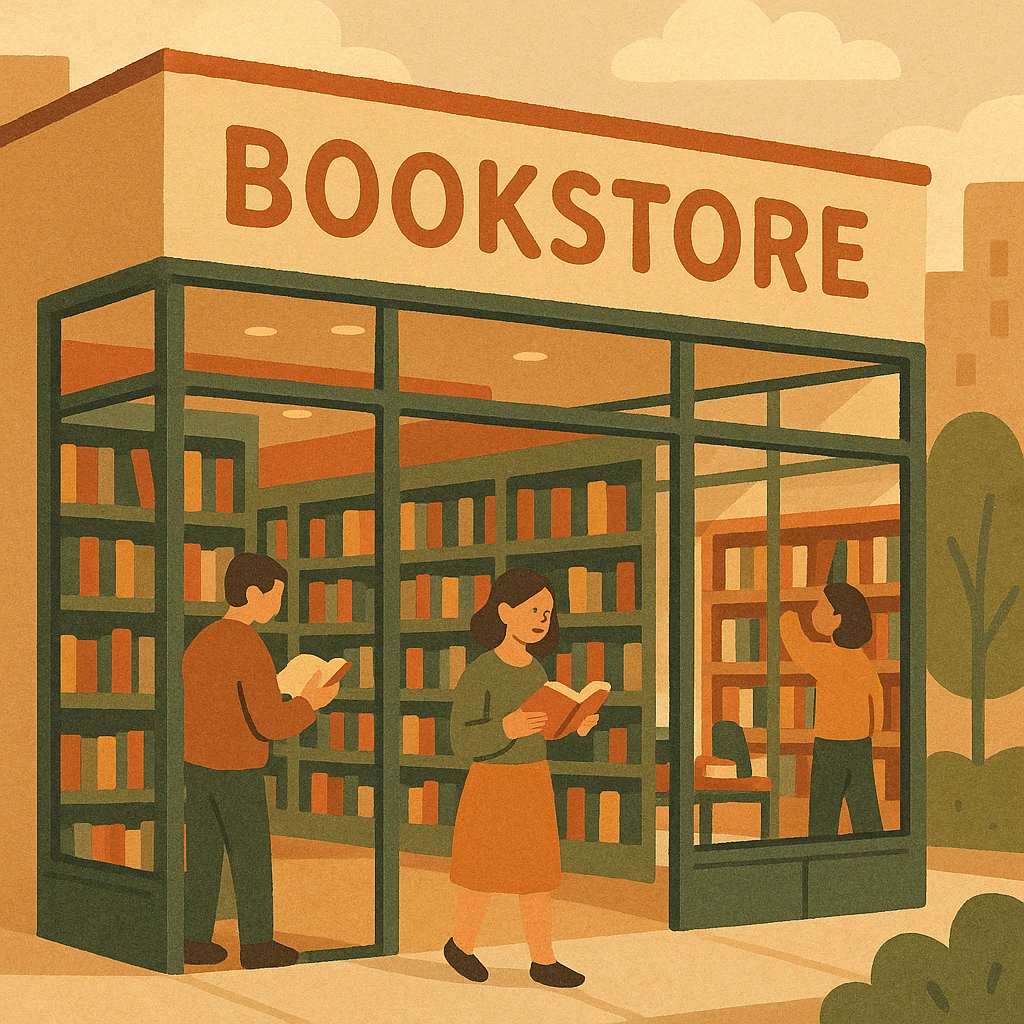 modern bookstore with glass facade, open layout, sleek shelves, urban setting, natural light emoji
