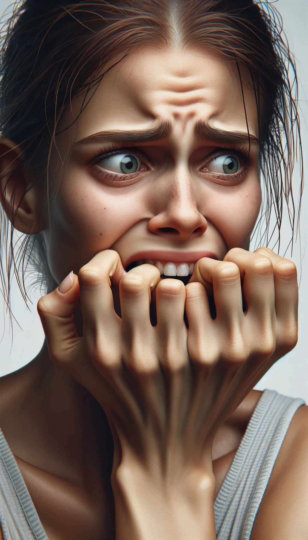 DONNA  che si mangia le unghie per il nervosismo, sfondo chiaro, iperrealistica 4k emoji