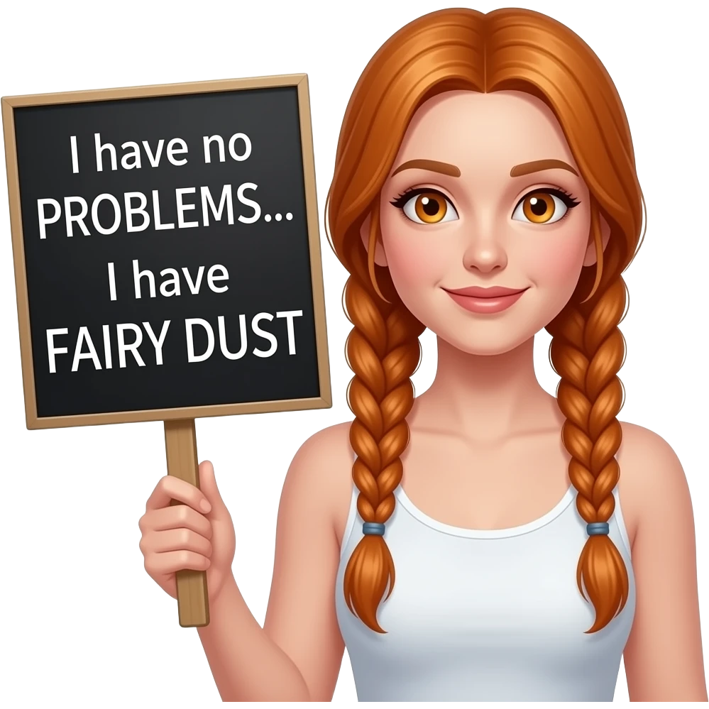 sexy girl with long ginger braids and ginger eyes wearing a white tanktop holds a black sign with Ich habe keine PROBLEME... Ich habe FEENSTAUB emoji
