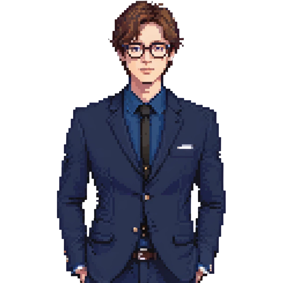 Flat pixel art, focused and reserved male architect, short sleek brown hair, wearing glasses, intense sharp eyes, wearing a deep indigo suit jacket over a black shirt, holding a blue print, waist-up, front-facing emoji