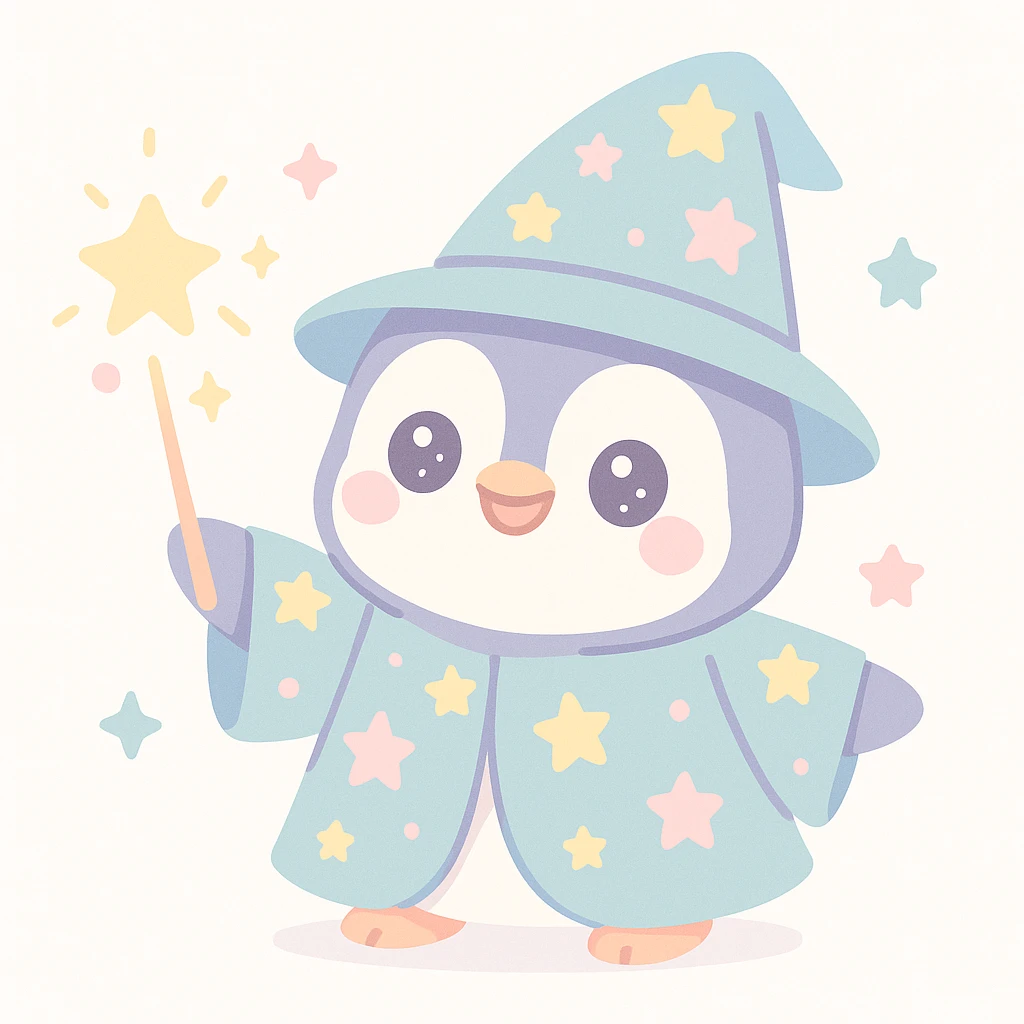 a cute penguin wizard casting a sparkling spell, wearing a starry robe and hat emoji