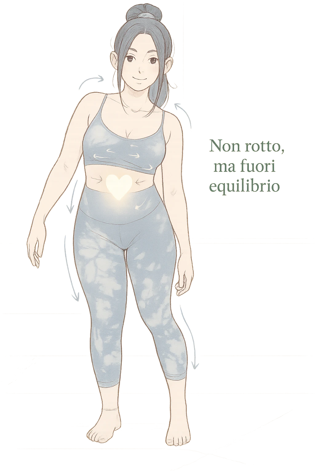 stile manga a woman stands in a relaxed pose, with a gentle, confident expression. Her body is shown with subtle, curved lines or arrows indicating areas of imbalance (such as a slight tilt in the shoulders or hips), but no signs of injury or damage. A soft glow or heart symbol at her core emphasizes resilience and the message “Non rotto, ma fuori equilibrio” The background is clean and clinical, with light blue tones. emoji