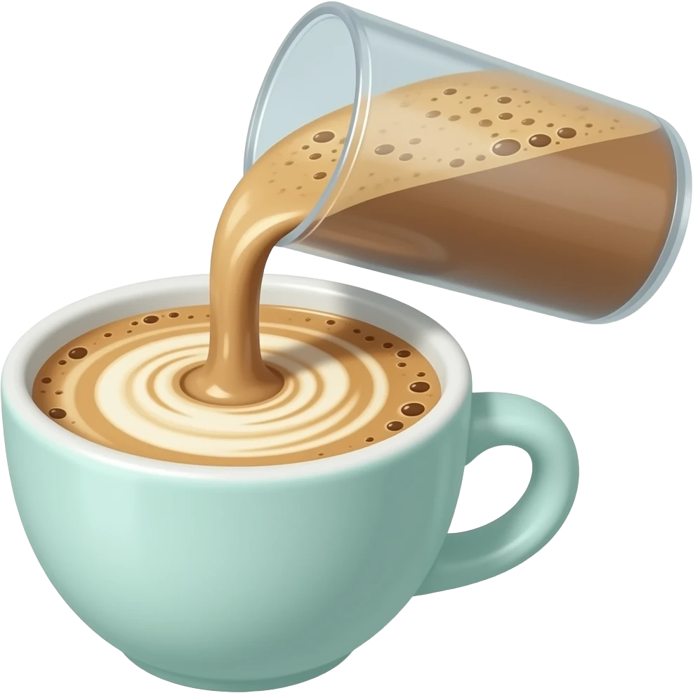 Minimal emoji-style illustration of coffee being mixed with a small handheld frappe mixer. A cup with liquid coffee, visible swirling motion and light foam forming. Clean, simple shapes, warm brown tones, light pastel cup, centered, minimal background. emoji