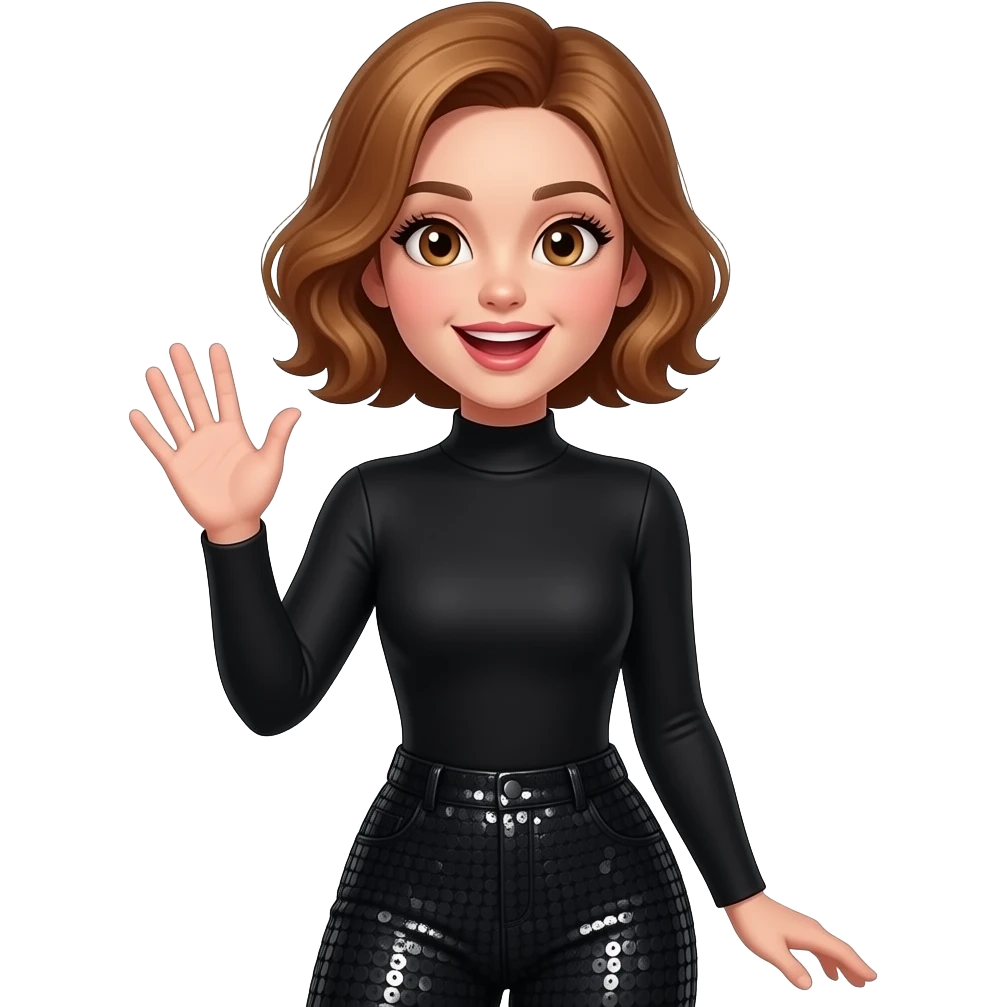 glamours,-tanned,-very-beautiful-girl,-with-big-pump-peach-beige-rose-lips,-long-long-lashes,-honey-silky-very short- hair,-wavy-hair,-hazel-eyes-in-black-long-sleeves-bodysuit-black sequinned pants-excited-waving hello-from waist up. emoji