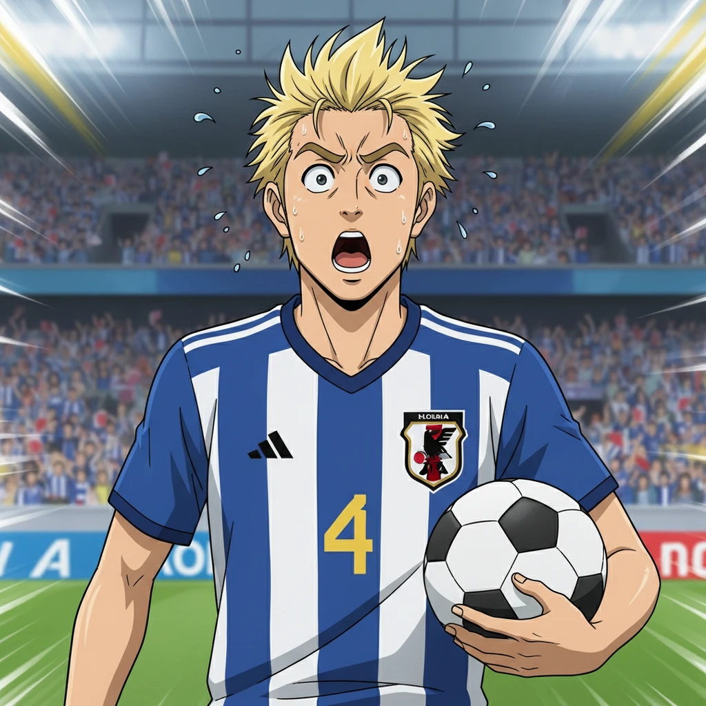 нарисуй удивлённого кейсуке хонда в футбольной форме в стиле аниме + Сел-шейдинг.  emoji