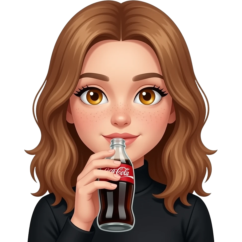 girl with light brown hair with amber eyes drinking a diet coke wearing a black turtle neck and she has freckles and thick eyelashes emoji