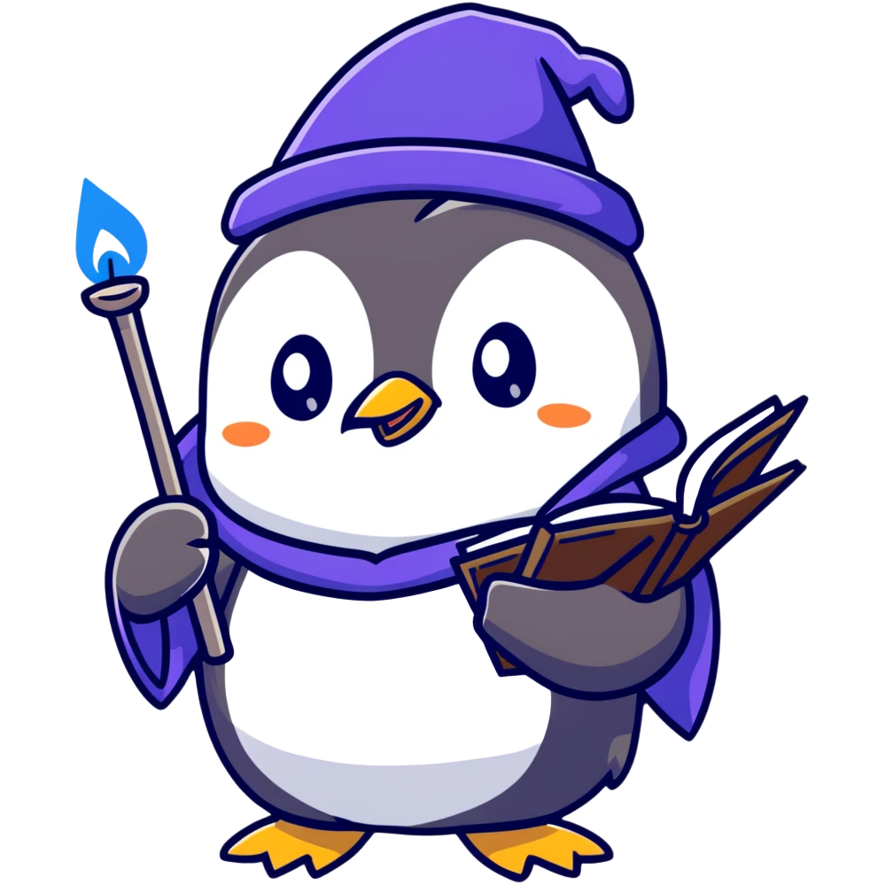 cute penguin wizard with magic staff and spell book emoji