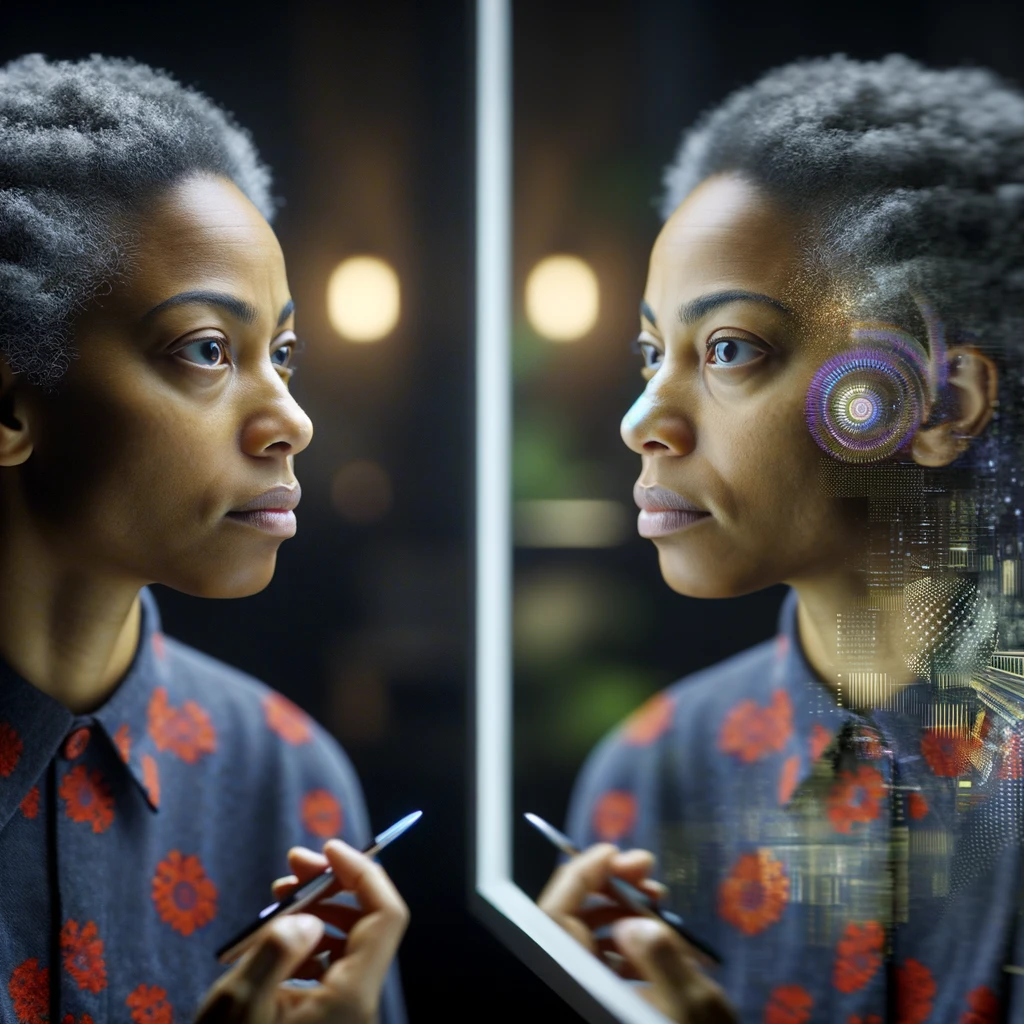 DONNA CHE SI GUARDA ALLO SPECCHIO CON ESPRESSIONE DUBBIOSA IN VOLTO, iperrealistico 4k emoji