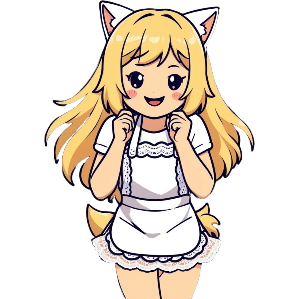  blonde catgirl woman long hair freckles giggling lace apron bikini anime influence  emoji
