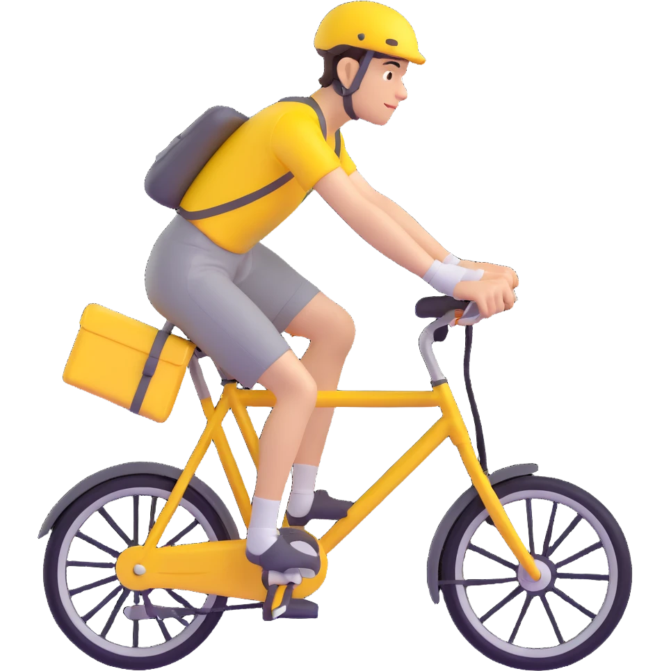 A courier on a yellow bicycle wearing yellow clothes, riding from left to right emoji