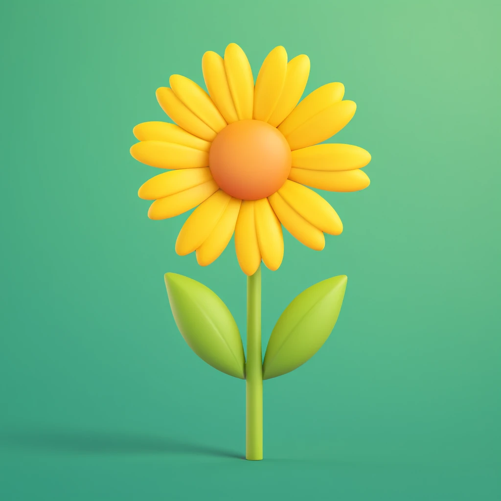 single yellow daisy-like flower, 3D iOS emoji style, realistic shading, soft green background emoji