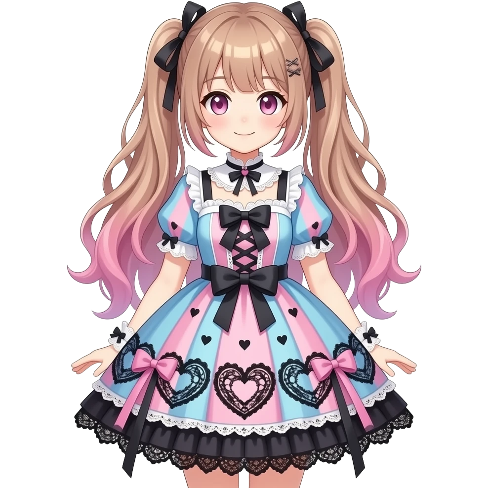 Cute colorful trendy aesthetic pretty anime lady with Lolita, gothic, fringes, laces, heart patterns, ribbons, emoji