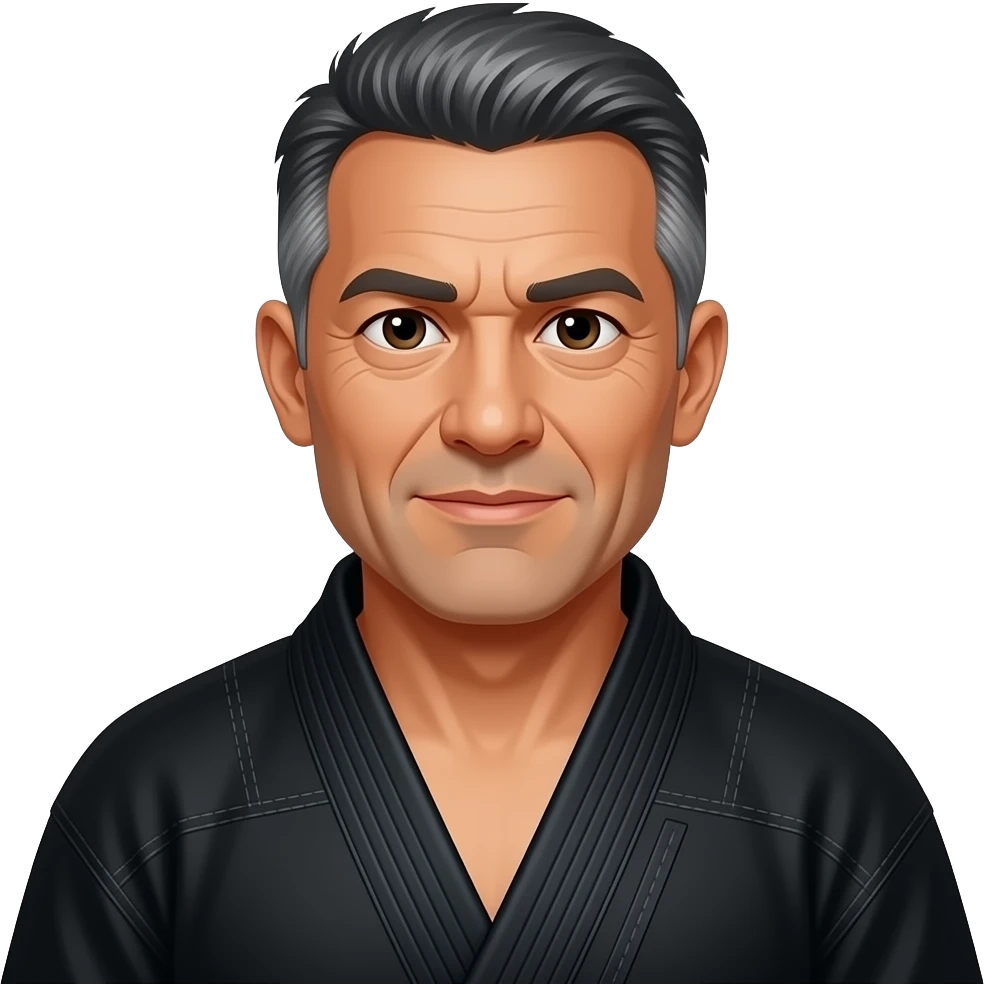 Middl aged old man. Gray,Black hair BJJ fighter wearing Black BJJ gi with White belt emoji