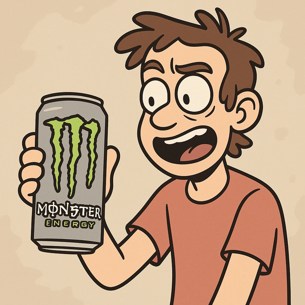 a hand holding a Monster energy drink can, cartoon style emoji