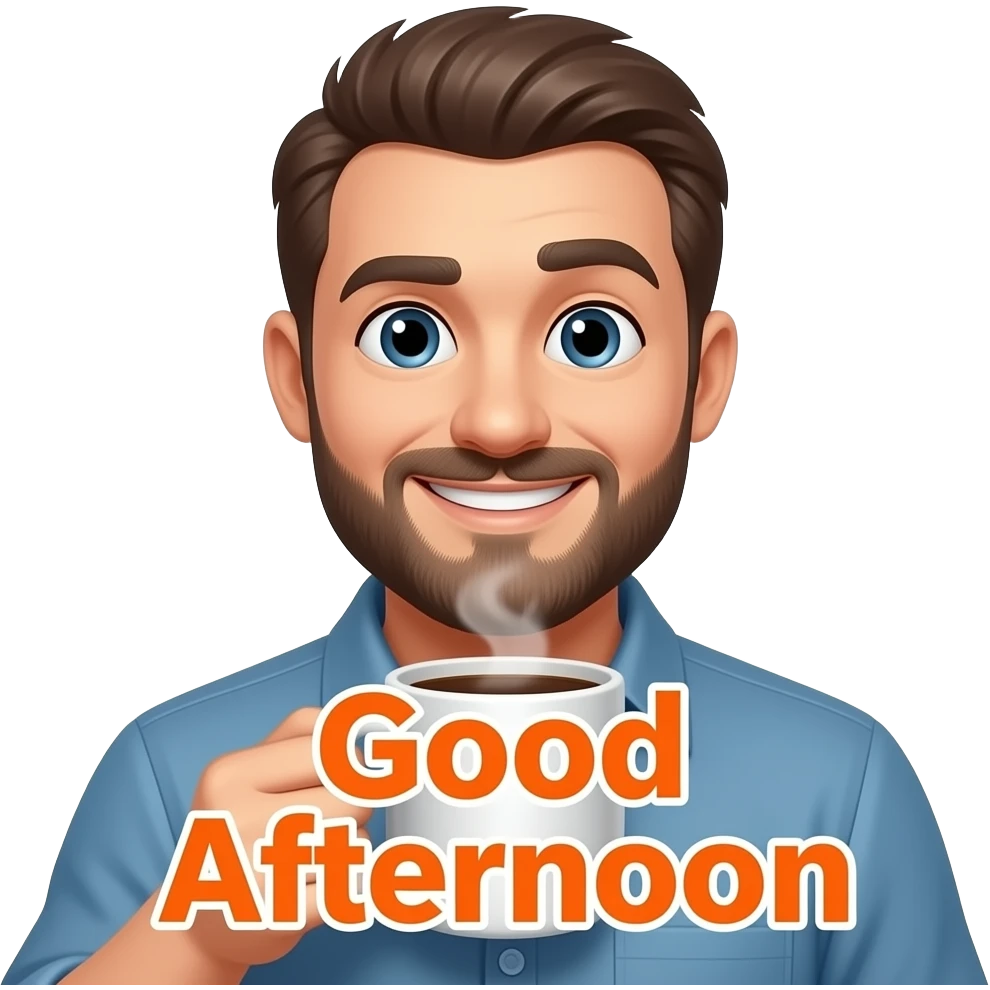 a stubbled face man smiling lifting a steaming cup of coffee close to the camera with the words 'Good Afternoon' in orange printed across the screen emoji