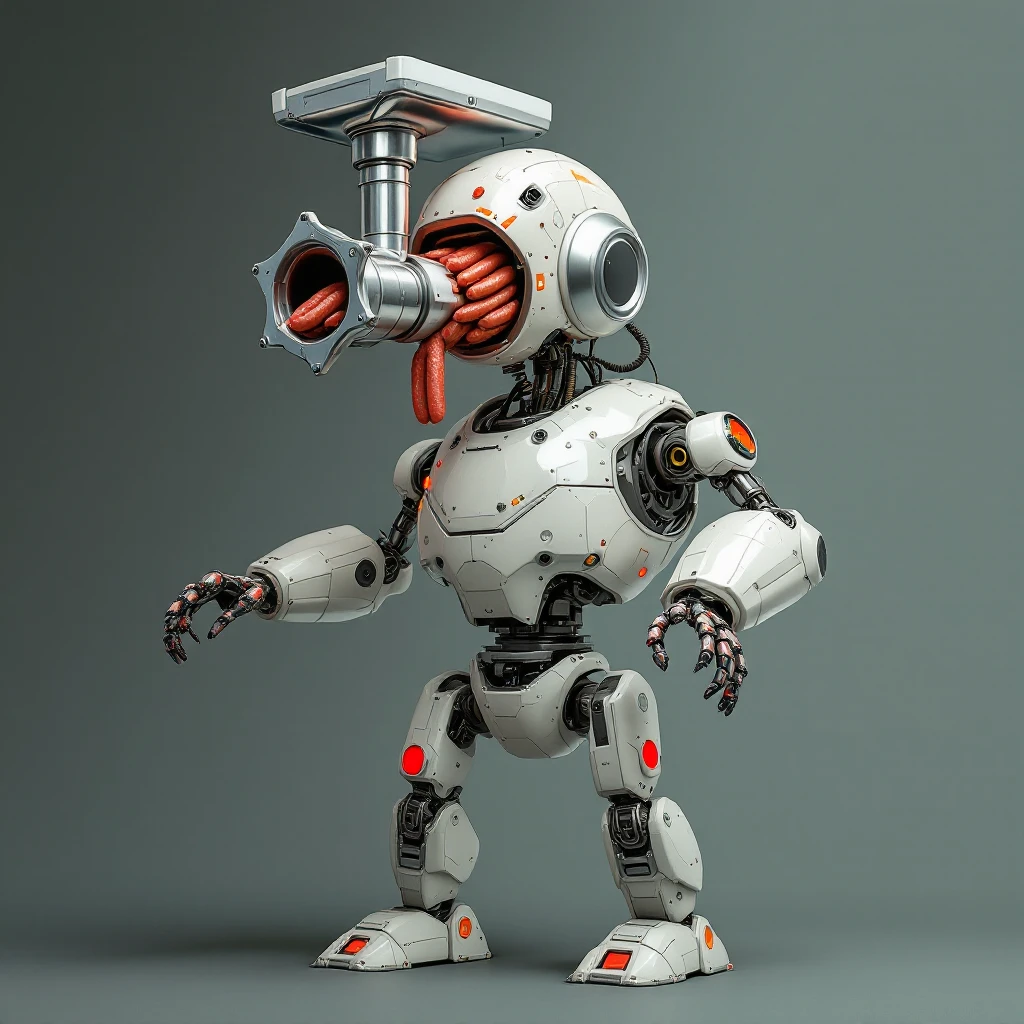a robot that has a meat grinder for a head. 2 arms that stuff meat into the meat grinder and sausage links come out of the rear. The robot hovers. shoves meat into its mouth to grind emoji