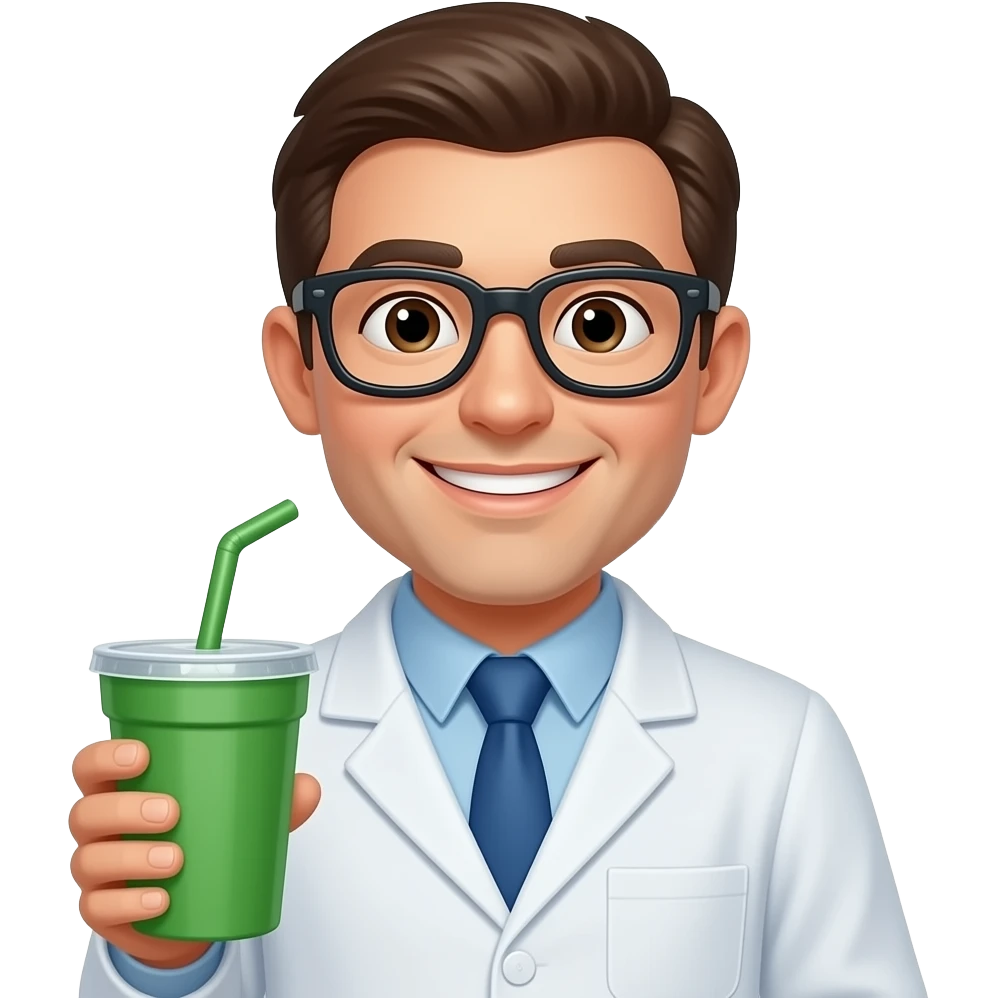 a smiley face scientist holding a green tumbler emoji