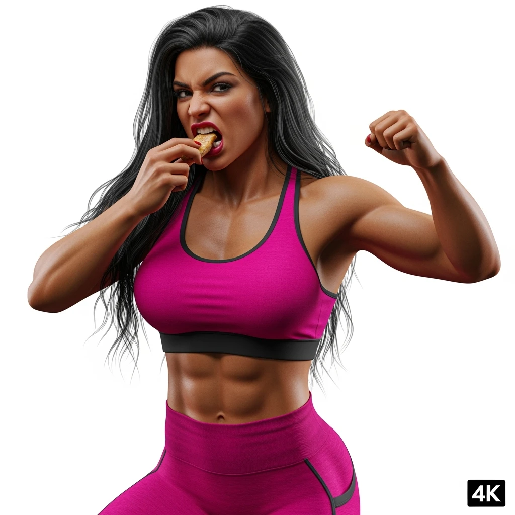 DONNA FITNESS CHE MASTICA CIBO, IPERREALISTICA 4K, SENZA SFONDO emoji
