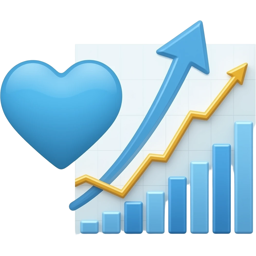 On the left: a whole blue heart. On the right: a growing economic chart in the form of an arrow emoji