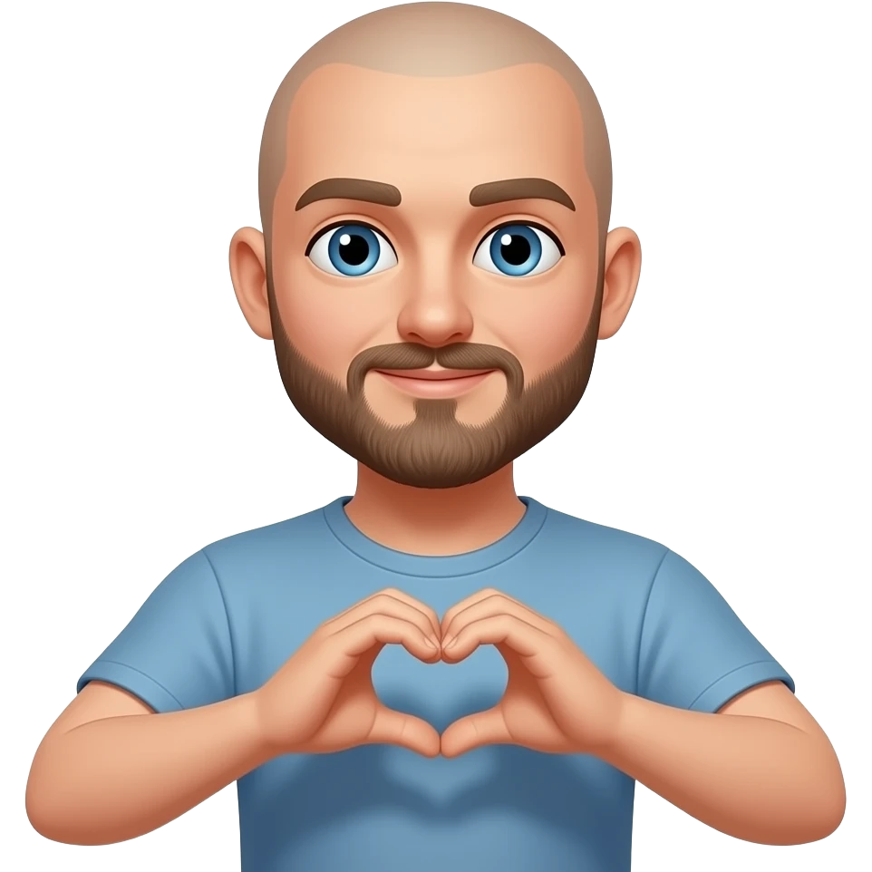 Homme jeune barbe sans cheveux, yeux bleus qui fait le signe coeur emoji
