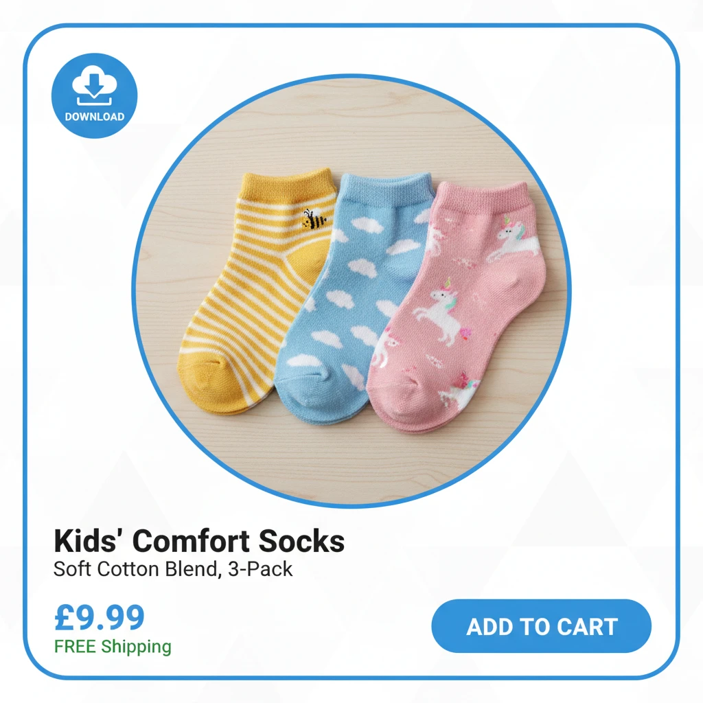 Download icon create an image of a product card for the marketplace with an image of children's socks emoji