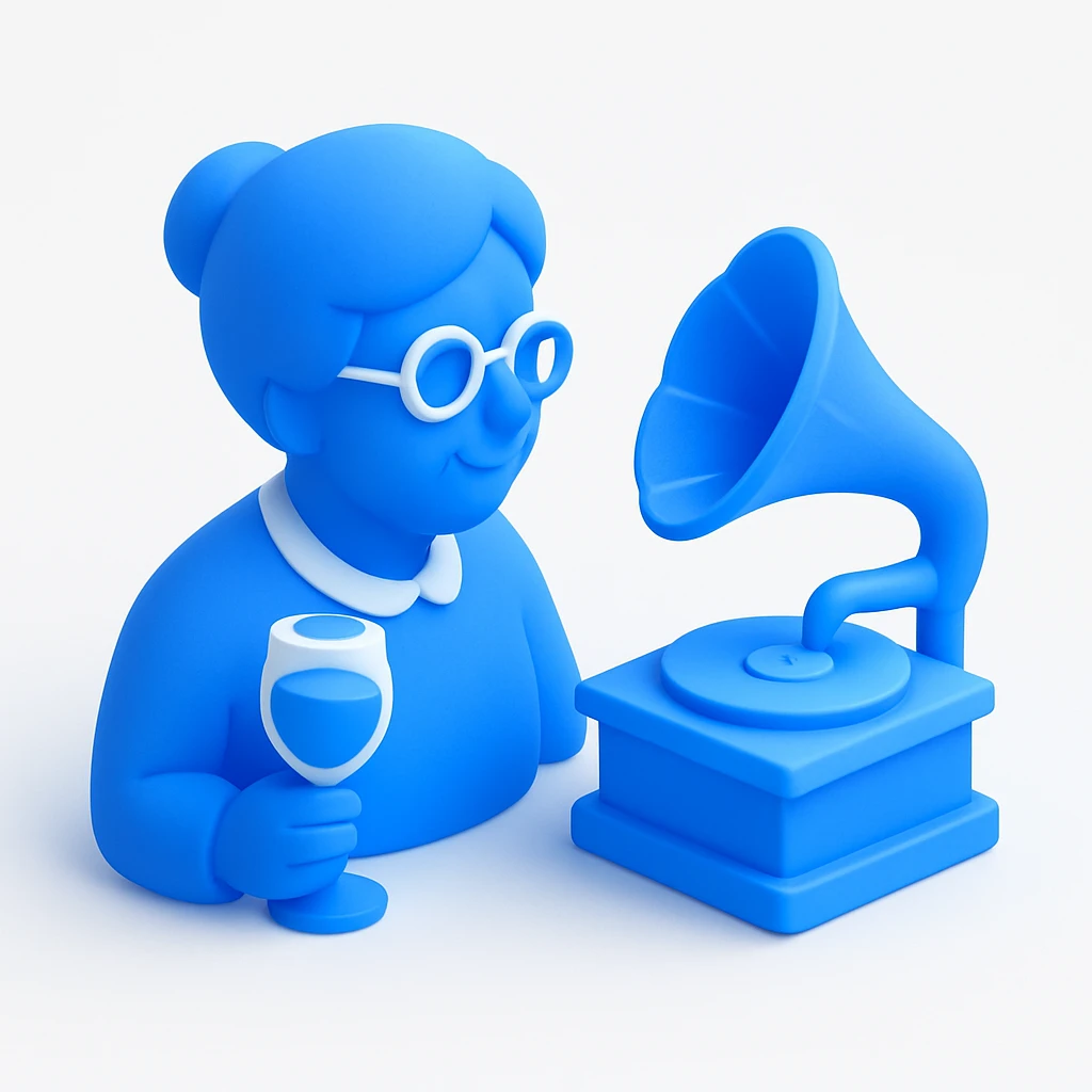 old lady with wineglass listening to gramophone emoji