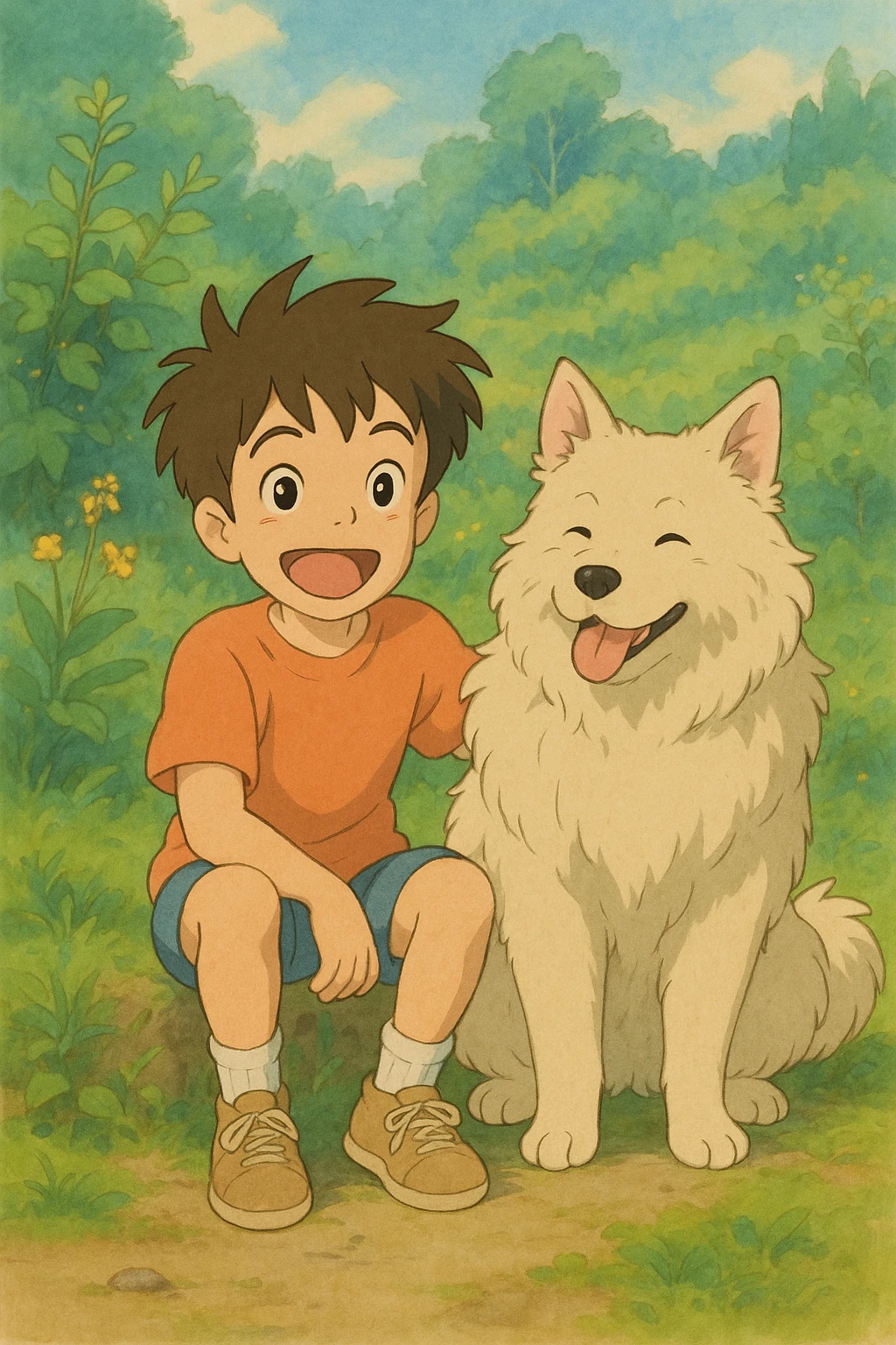 kid and his pet dog in studio ghibili style emoji