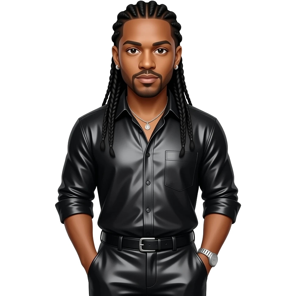 Jermaine Dupri with black braided hair, black metallic shirt, black metallic baggy pants, silver necklace and earrings emoji