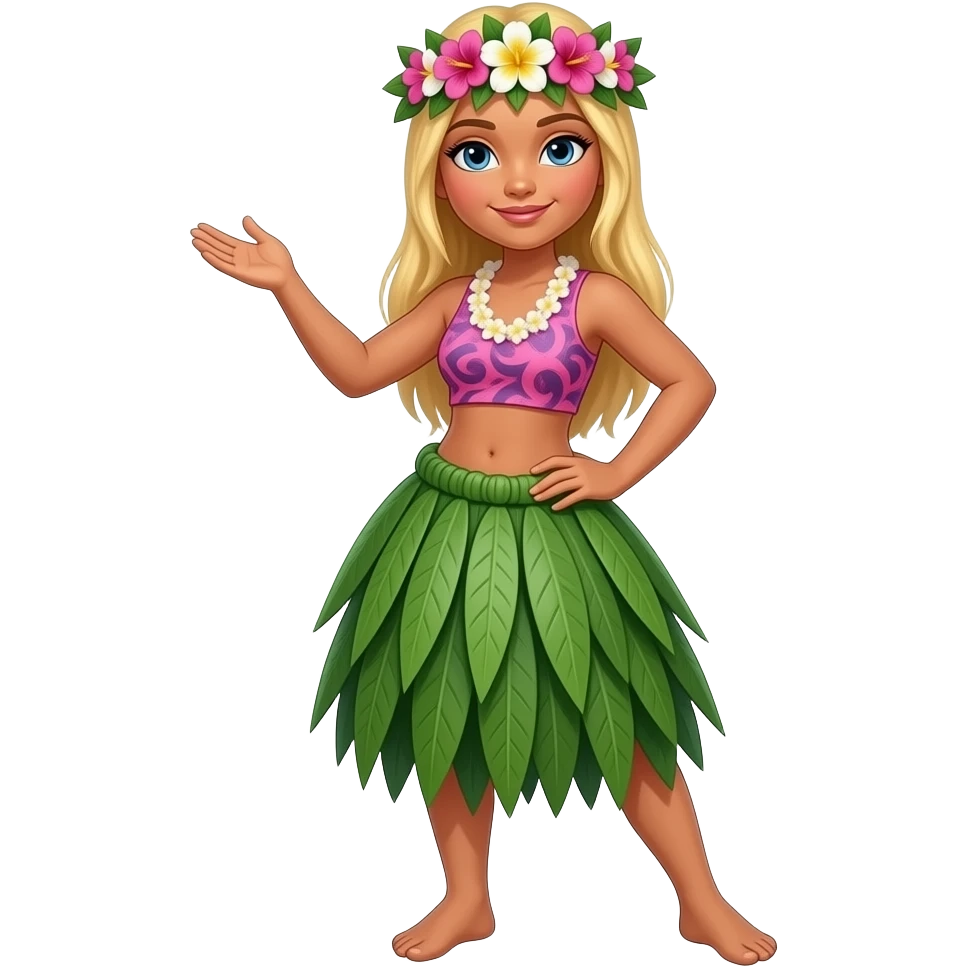 Full body with legs and feet Hawaiian hula dancer with straight blonde hair and blue eyes and a flower crown and a pink printed cropped tank top with a flat/small chest emoji