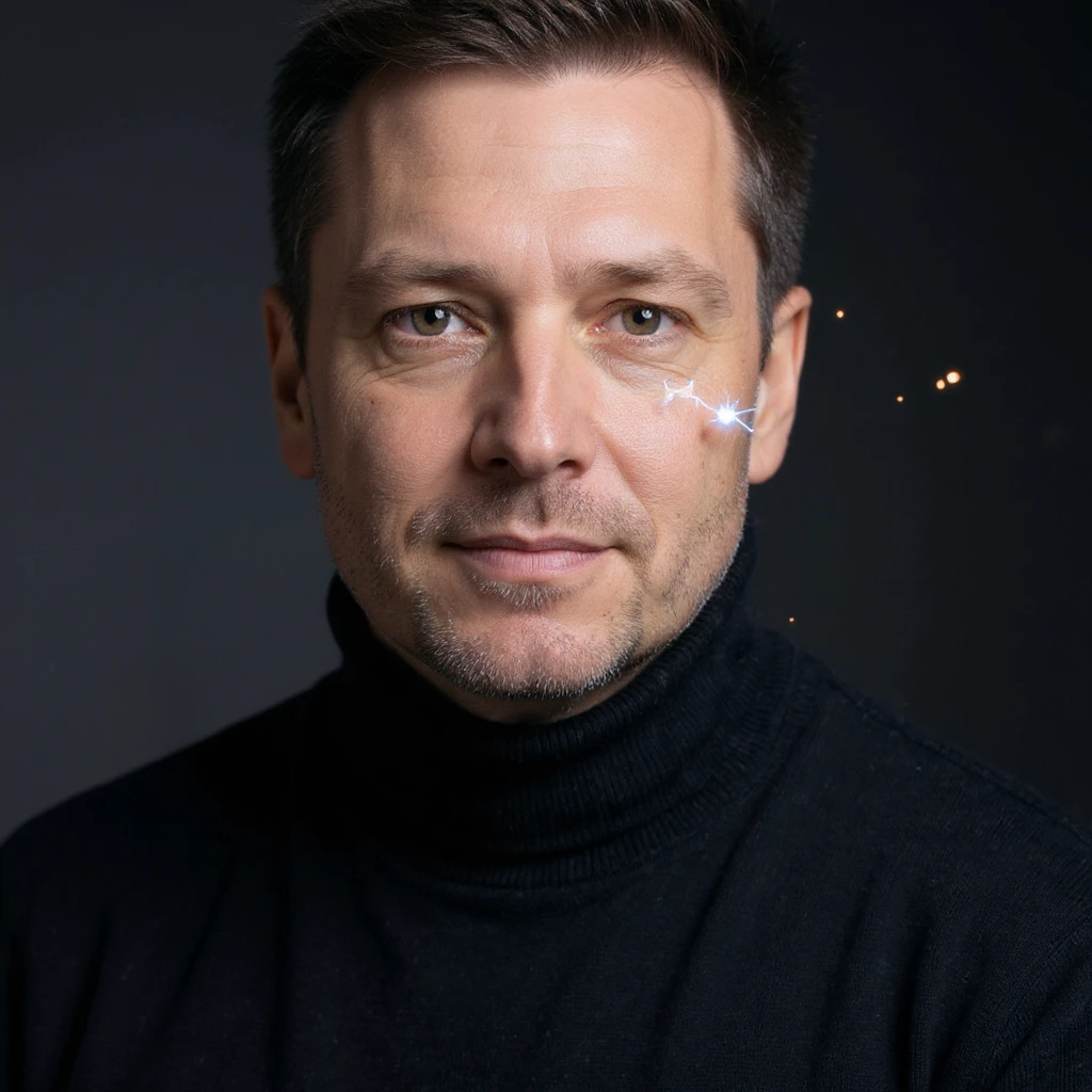 Vertical portrait, only the man's face, realistic style: relaxed expression, symbols of renewing cells or small sparks of energy near the face, atmosphere of cellular regeneration during fasting. emoji