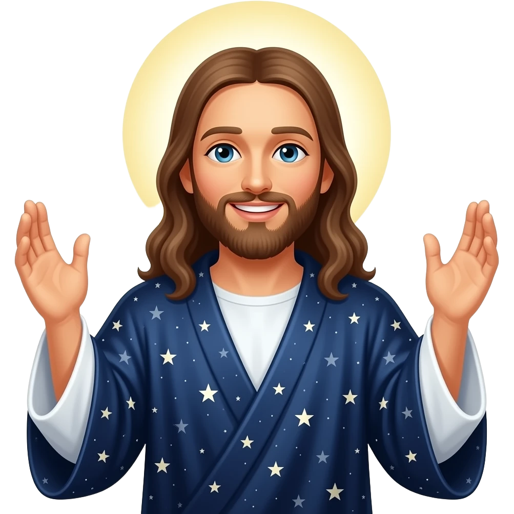 Jesus smiling and wearing a night sky robe and a halo behind him and hands risen up emoji