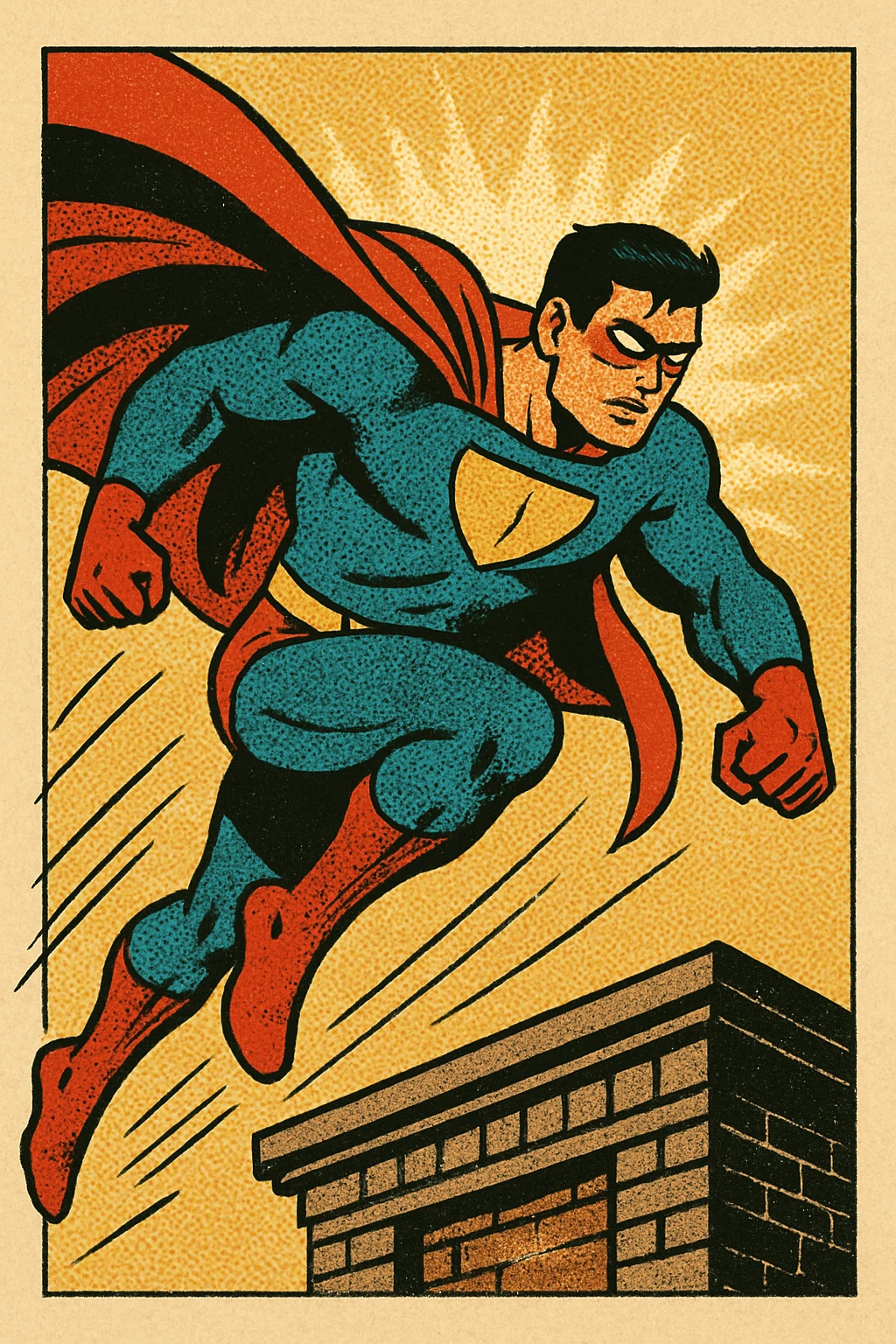 Hero leaping from a rooftop with cape trailing.
 emoji